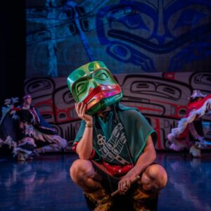 Performer from the Spirit and Tradition dance performance wearing a traditional Indigenous mask. Join us on May 31- June 1st or online from May 31st-June 12th for this performance.