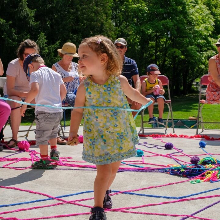 Image of small girl in a floral dress holding blue yarn and looking to the side during our Tricoter dance performance