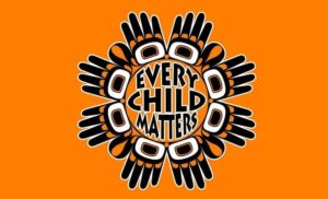 Every Child Matters text with Indigenous artwork hands in circle around text, orange background. Artwork by Andy Everson and used with permission from the Orange Shirt Society.