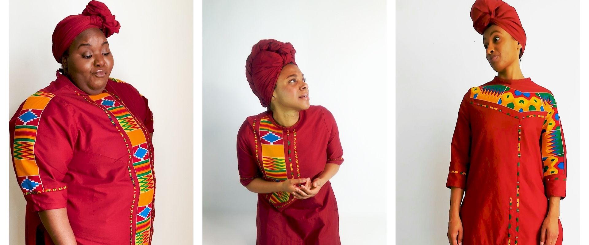 Photo of three performers from Anansi the Spider Re-Spun performance dressed in red