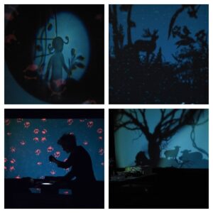 Collage of shadow images made from paper cutouts - a girl holding some tulips, a deer in a meadow some sheep by a tree and photo of the artist using a flash light with red splotches on the screen behind him