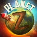 A rocket ship launches up and away into outerspace from a planet with the letter Z scorched onto the surface. The word Planet is sitting at the top of the planet.
