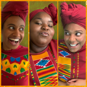 Three Black woman wearing traditional African clothing and head wraps.