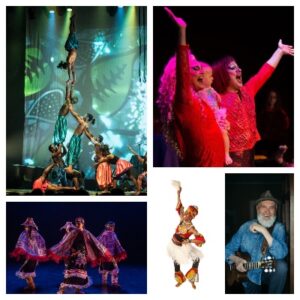 Collage of images of performers from our variety show on June 4th. Performers pictured are musicians, drag queens, circus performers and dancers.