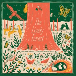 Image of Ginalina’s book, The Lively Forest. A drawing of an orange tree trunk with forest animals all around