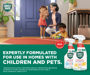 Graphic of a child holding a teddy bear lovingly as mother crouches down and smiles. Another child plays with a toy car on the floor. The Words 'expertly formulated for use in homes with Children and pets. Two spray bottles of Family Guard are pictured in the foreground.