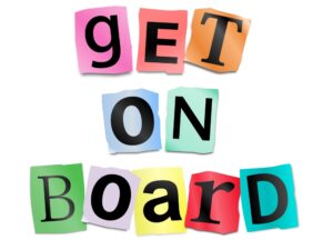 “Get On Board’ written using cutout letters with different coloured backgrounds