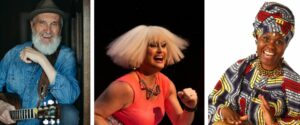 Collage of,Fred Penner from The Cat Came Back performance. Drag performer from the Parents are Still a Drag performance. And Performe, Jacky Essobe from the Africa Oyé performance
