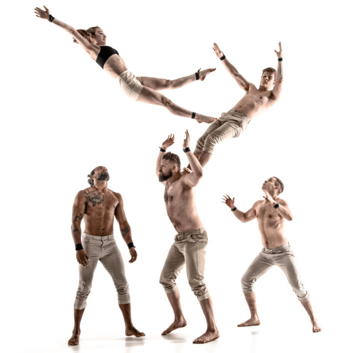 5 performers doing acrobatic air tricks