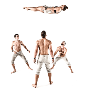 4 performers doing acrobatic air tricks