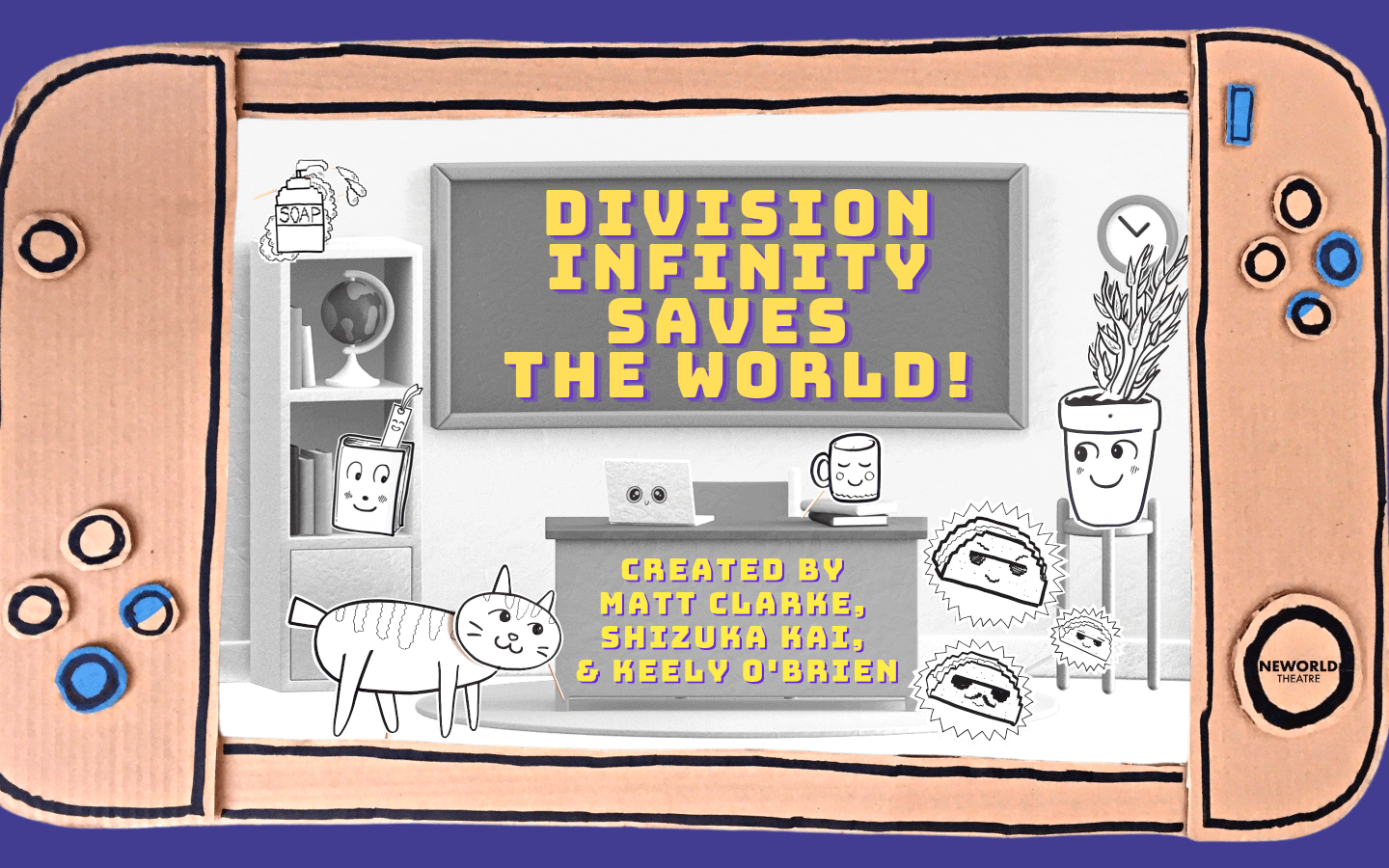 A purple poster of a peach cardboard hand held gaming console for one of our shows titled division infinity saves the worlds