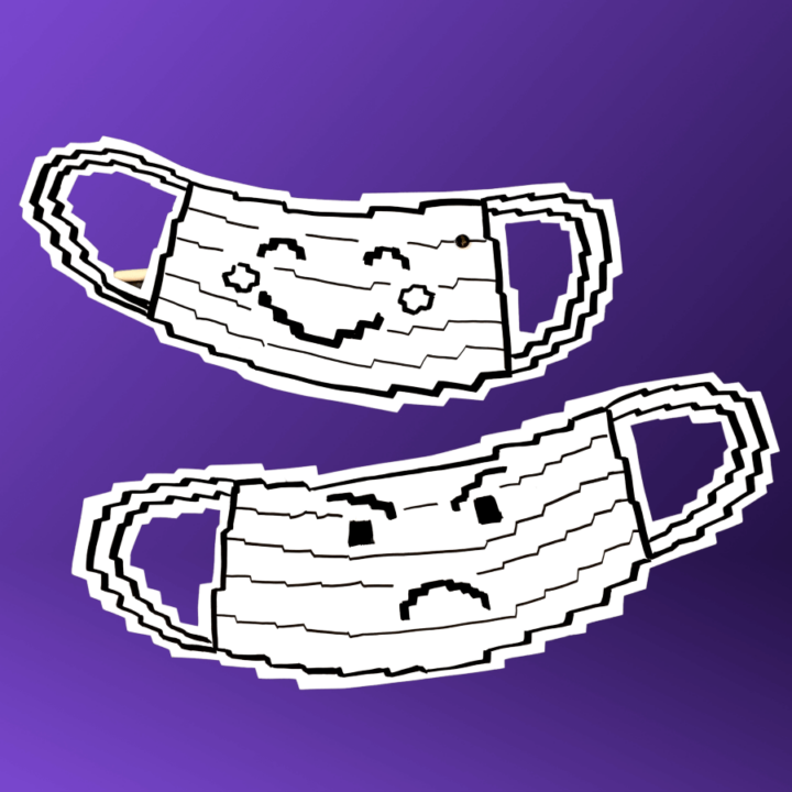 two black and white medical face masks, with a purple background, and one of the masks is smiling, and the other with an angry face.