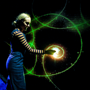 performer for in a dark room creating colorful glow in the dark circles