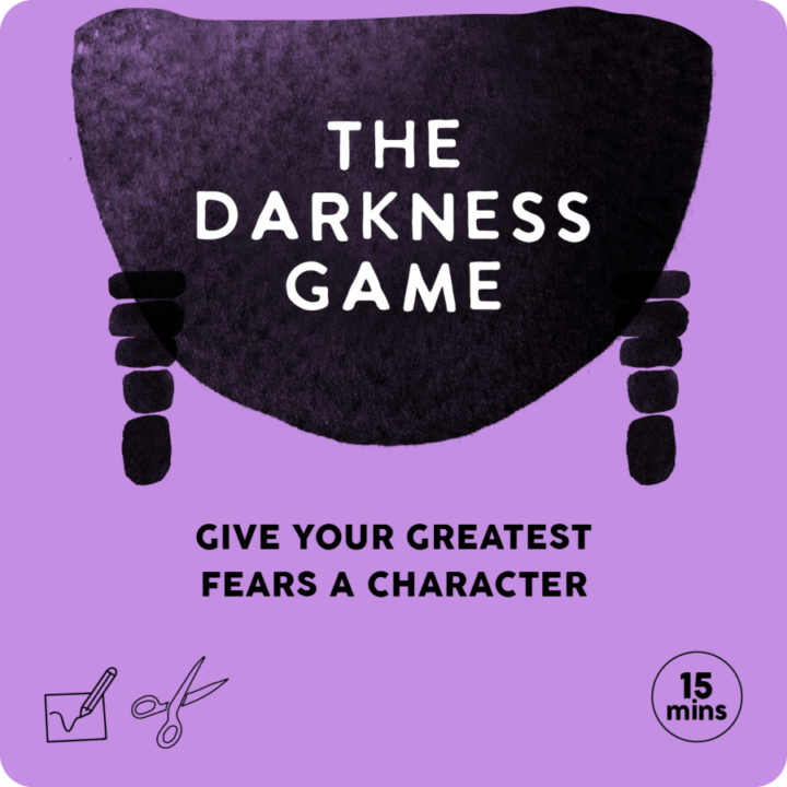 A purple and black poster for the darkness game for the Child Nation performance, and text that says, give your greatest fears a character