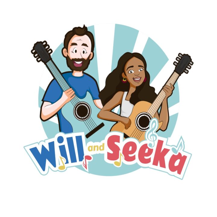 illustration of a man and woman, each holding a guitar, with text on the bottom that says Will and Seeka
