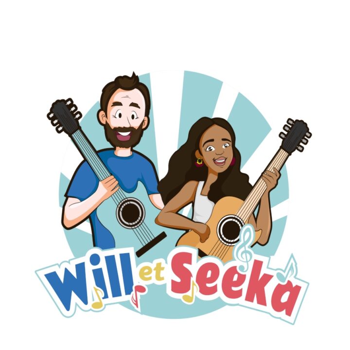 illustration of a man and woman, each holding a guitar, with text on the bottom that says Will and Seeka