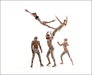 5 performers doing acrobatic air tricks