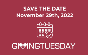 A red Giving Tuesday poster that says to save the date November 29th, 2022, with an icon of a calendar in the middle