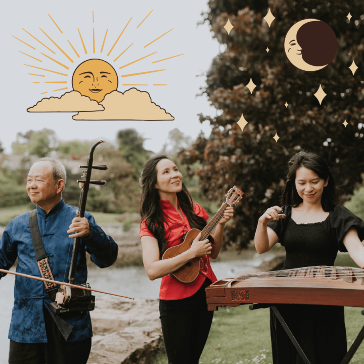 a man and 2 women standing outside and playing different instruments, with a cartoon drawing of the sun and moon