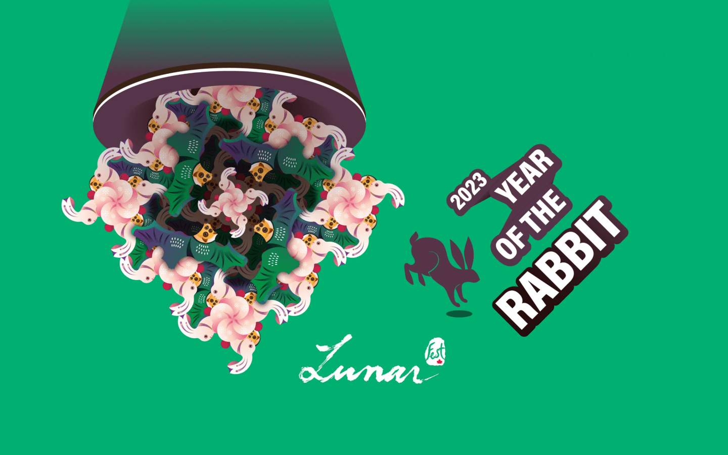 A green Lunarfest poster, with rabbits , and text that says 2023 year of the rabbit