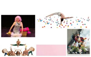 Collage of evening performers. Top left, clockwise is drag queen Peach Cobblah, A simple Space acrobat doing a hand stand surrounded by colourful balls, An indigenous dancer, ache brasil,
