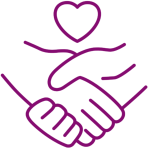 A purple icon of a handshake with a heart above