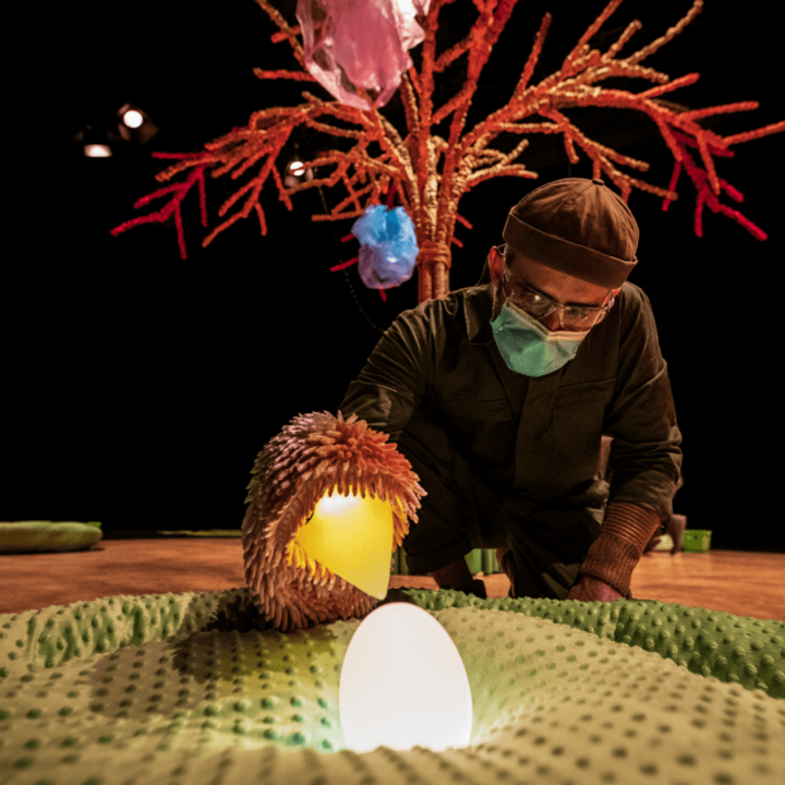 a close-up of a brown bird hand puppet with a lit up beak investigates a glowing light. A puppeteer is in the background.