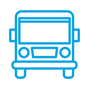 A blue icon of a school bus.