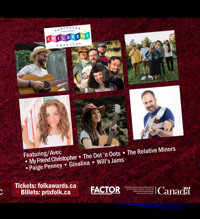 Image showcasing the nominated performers for the 2023 Canadian Folk Music Awards, co-presented by the Vancouver International Children's Festival. The featured artists are My Friend Christoper, The Oot n' Oots, Ginalina, Paige Penny, The Relative Minors, and Will's Jams.