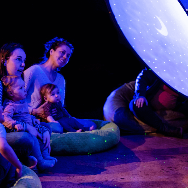 A group of parents sitting with their children in their laps, watching a projection of the stars and moon being held up by performers.