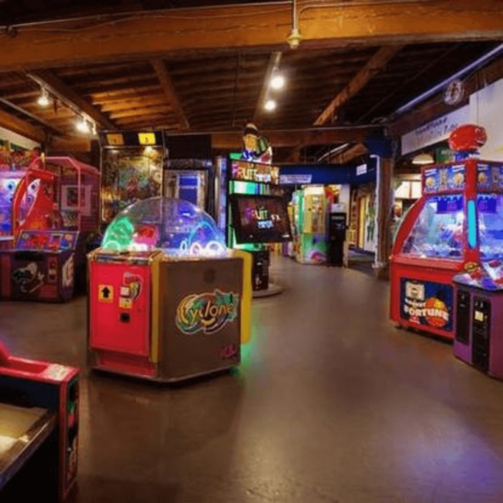 A picture inside the Adventure Zone Arcade in the Kids Market, on Granville Island. There are lots of arcade games, all lit up with neon lights around the room.