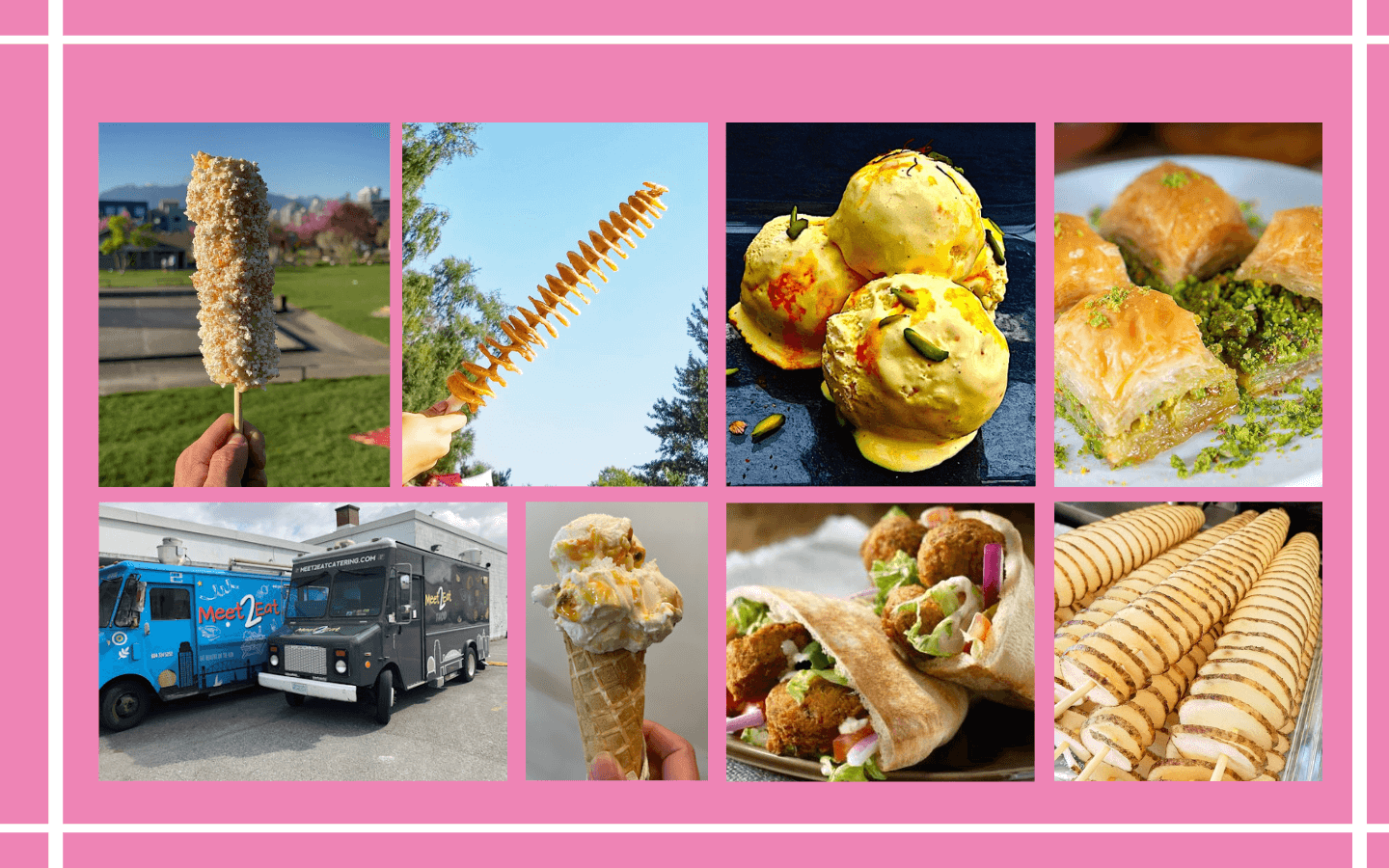 A promotional image for the food trucks at the 2023 children's festival. In the top row, from left to right, there is an image of an Elotes corn cob, a Potato Hurricane, Saffron Ice Cream, and Baklava. On the bottom row, from left to right, there's an image of two food trucks from Meet2Eat catering, an ice cream cone, a falafel, and more spiralized potato's on sticks.