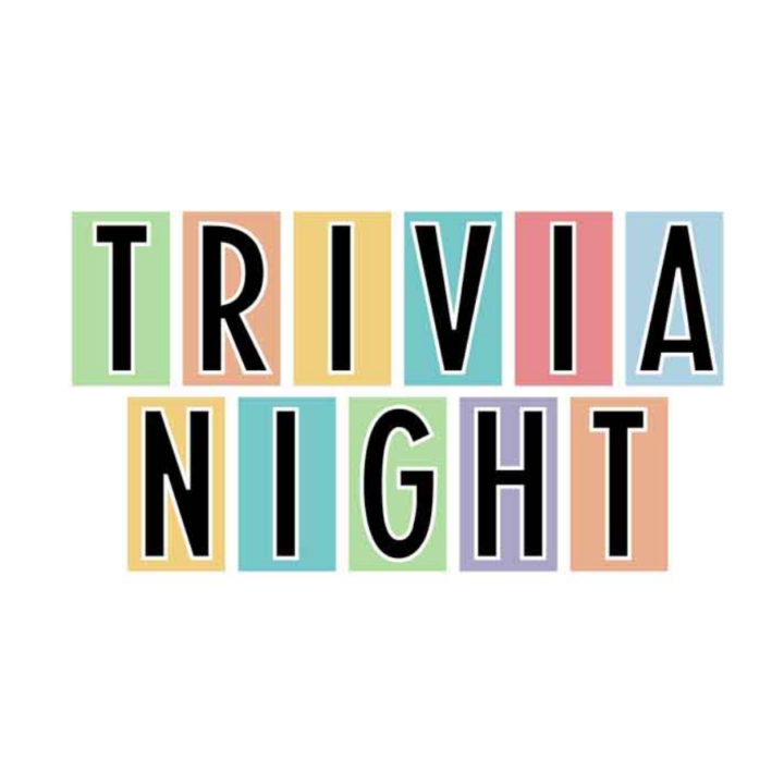 Trivia Night logo. The words Trivia Night with different colour backgrounds for each letter.