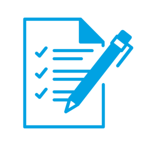 A blue icon of a pen and checklist on a white background.