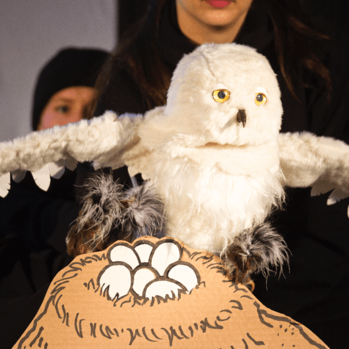 An owl puppet is a near a hand-drawn, cardboard, nest of eggs. The puppeteers can be seen slightly in the background wearing black.