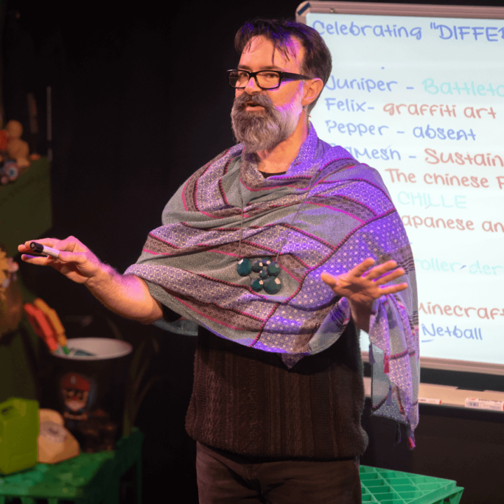 A bearded man pretending to be a teacher, teaching a class. He is wearing a shawl.