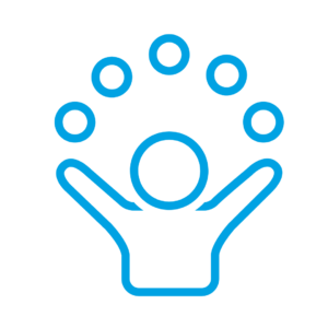 A blue icon of a person juggling 5 balls on a white background.