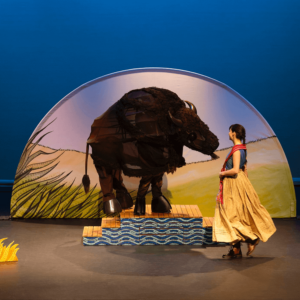 Marie has a red sash around her shoulders. Her dark brown hair is in a single braid. She is talking to the Buffalo.